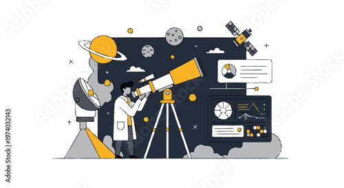 Astronomer Observing Celestial Objects Through a Powerful Telescope.