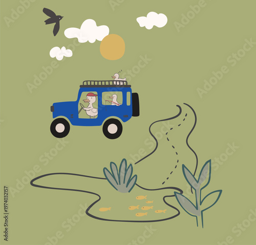 Kids adventure illustration with cute blue off-road car traveling on a road through nature in a doodle vector style.