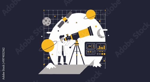 Astronomer Observing Celestial Objects Through a Powerful Telescope.