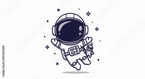 Astronaut Floating in Space with Teddy Bear, Cartoon Illustration.