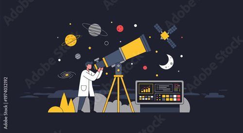 Astronomer Observing Celestial Objects Through a Powerful Telescope.