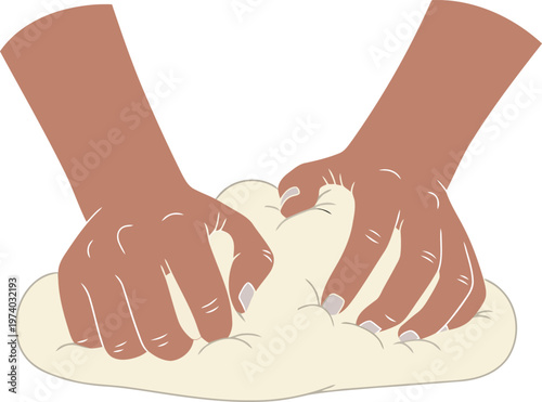 A pair of hands kneading dough on a flour with fingers spread apart for baking preparation.
