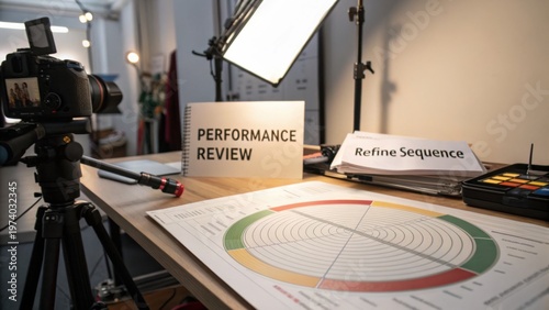 Professional Workspace for Performance Review with Camera, Charts, and Notebooks in Bright Office Environment
