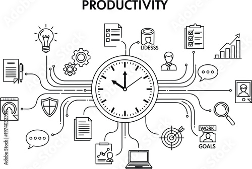 Conceptual illustration representing business productivity with icons surrounding a central clock