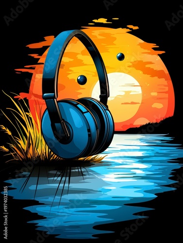 Vibrant Headphones at Sunset Over Water Digital Illustration