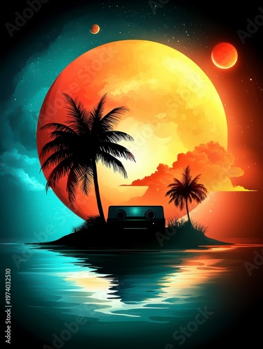 Synthwave Island Oasis: Retro Boombox Under Neon Sunset