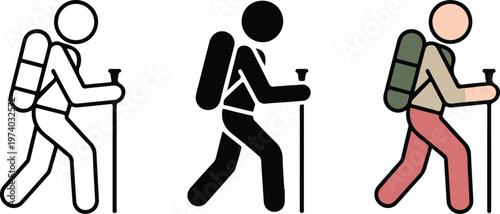 Minimalist vector icon set featuring creative design tools including a fountain pen, graphite pencil, and digital stylus in outline, solid dark gray, and flat blue color styles.