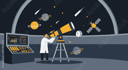 Astronomer Observing Celestial Bodies Through a Telescope in Observatory.