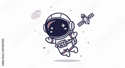 Cartoon Astronaut Floating in Space Near Satellite and Galaxy.