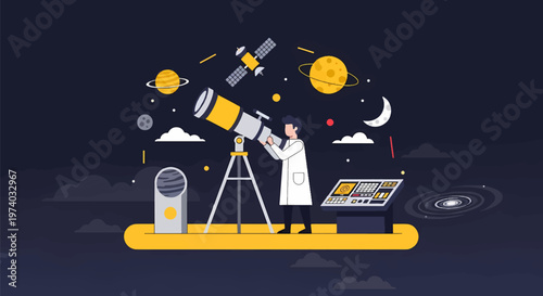 Astronomer Observing Celestial Bodies Through Telescope in Space.