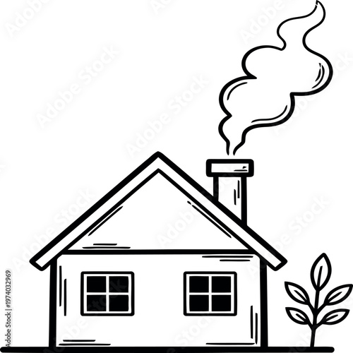 A simple line drawing of a house with smoke coming out of the chimney and a plant next to it