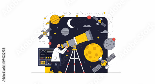Astronomer Observing Celestial Bodies Through Telescope in Space.