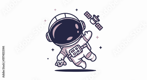 Cartoon Astronaut Floating in Space Near Satellite with Cute Expression.