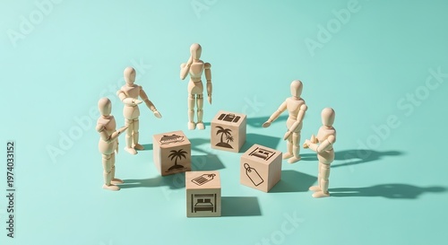 Wooden figures convene for a strategic meeting, discussing diverse travel planning and logistics, evaluating transport and destination options depicted on symbolic cubes