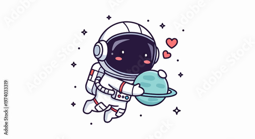 Adorable Astronaut Floating in Space Holding a Planet with Love Hearts.