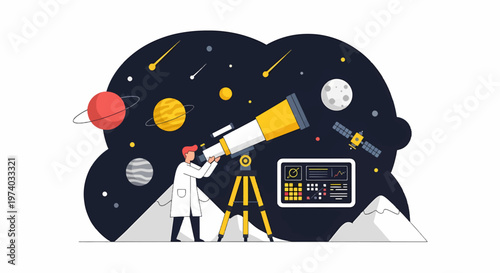 Astronomer Observing Celestial Bodies Through Telescope in Space.