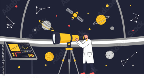 Astronomer Observing Celestial Bodies Through a Telescope in Observatory.