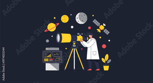 Astronomer Observing Celestial Bodies Through a Telescope in Space.