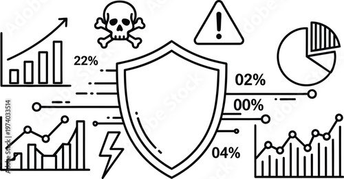 Cybersecurity data protection concept with shield and danger warning signs illustrated with graphs
