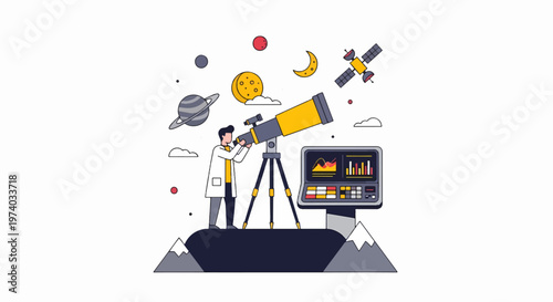 Astronomer Observing Celestial Objects Through a Telescope with Planets.