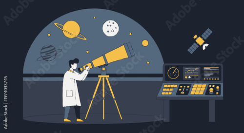 Astronomer Observing Celestial Objects Through Large Telescope at Night.
