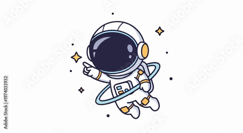 Cartoon Astronaut Floating in Space Pointing at Stars.
