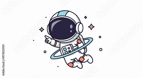 Cartoon Astronaut Floating in Space Pointing Towards the Stars.