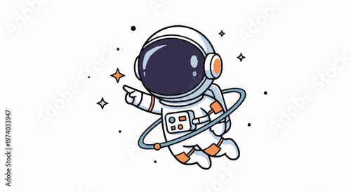 Cartoon Astronaut Floating in Space Pointing Towards the Stars.