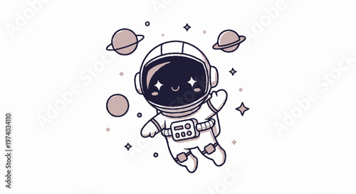 Adorable Astronaut Floating in Space with Smiling Face and Planets.