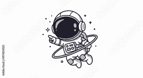 Cartoon Astronaut Floating in Space Pointing Towards the Stars.