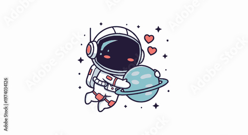Adorable Astronaut Holding Planet with Hearts and Stars in Space.