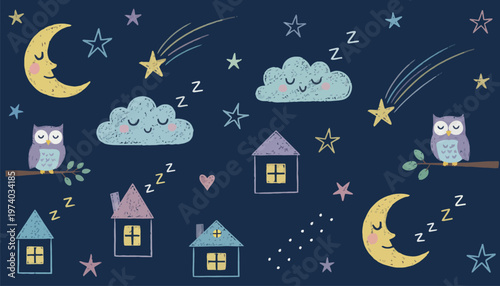 Whimsical nighttime scene with sleeping owls houses and clouds under starry sky with crescent moons