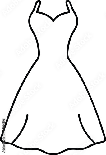 Simple line art depiction of a stylish womens long cocktail dress with a fitted bodice and flared skirt