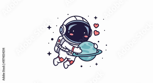 Adorable Astronaut Holding Planet with Hearts in Outer Space.