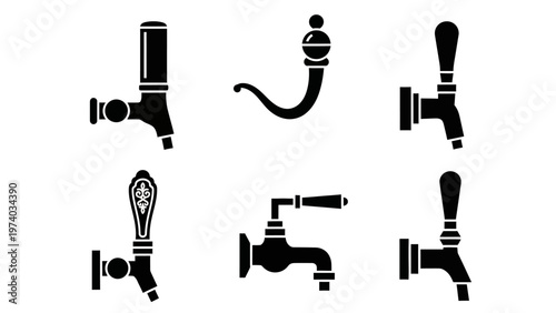 Set of Vintage Beer Taps Icons, Retro Brewery Equipment Silhouettes
