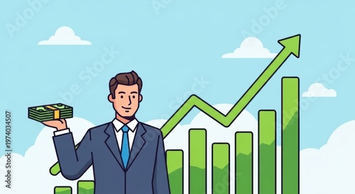 Successful businessman holding money with rising financial growth chart, professional investor with profit increase graph, business success concept