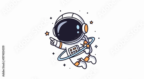 Cartoon Astronaut Floating in Space Pointing Towards the Stars.