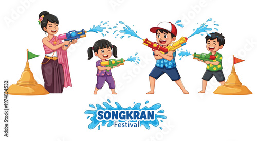 Cute cartoon characters having fun during songkran festival water celebration. Kids and adults in bright summer outfits using colorful squirt guns near traditional sand stupas with flags.