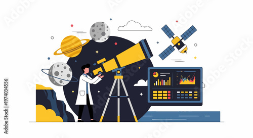 Astronomer Observing Celestial Bodies Through Telescope in Space.