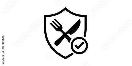 Black shield with crossed fork and knife and checkmark in circle food safety food security restaurant  in white background