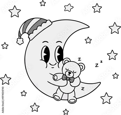 Sleeping Moon Character with Teddy Bear Illustration