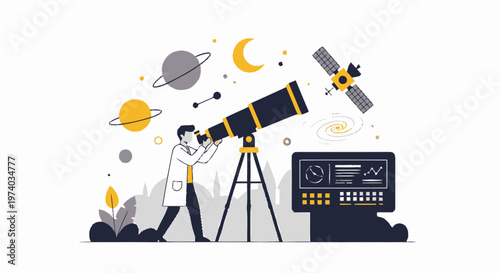 Astronomer Observing Celestial Objects with Telescope and Computer.