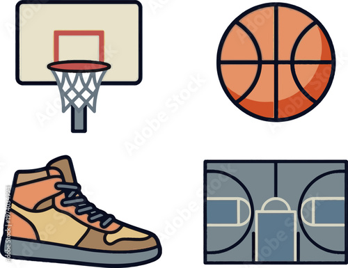 Basketball Elements Set with Hoop, Ball, Sneakers and Court Layout
