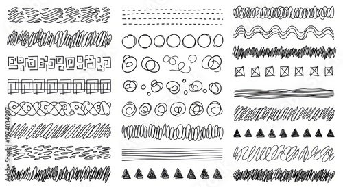 Hand drawn doodle brushes and borders, black ink sketch line set, decorative pencil strokes and dividers for graphic design
