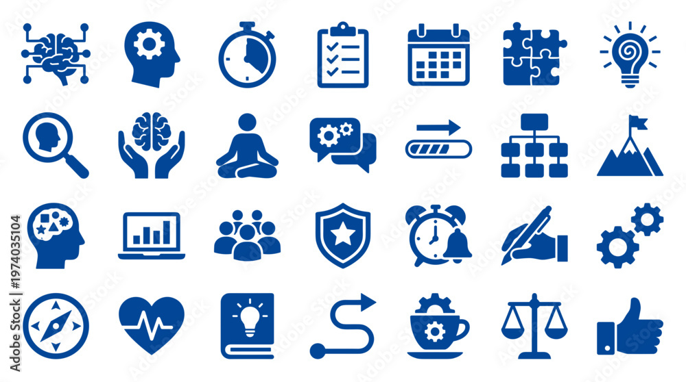 Fototapeta premium Collection of blue icons representing business strategy, innovation, planning, teamwork, and success concepts on a white background