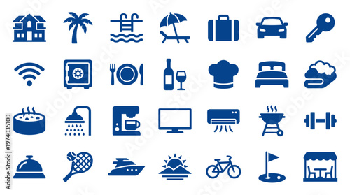 Collection of blue hotel and resort amenities icons representing services and facilities for vacationers and travelers