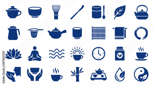 Collection of blue icons representing tea ceremony culture wellness and relaxation with symbols of nature and mindfulness