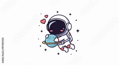 Adorable Astronaut Holding Planet with Hearts in Space Illustration.