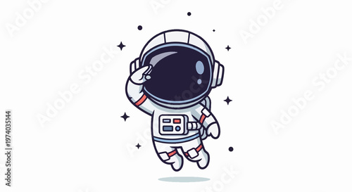 Cartoon Astronaut Floating in Space, Waving Hand, Smiling Face.