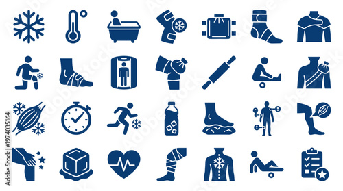 Collection of medical and sports therapy icons representing injury recovery, rehabilitation, and physical wellness treatments